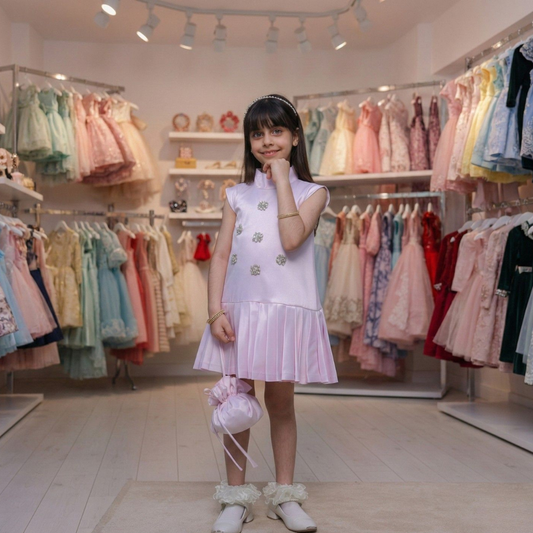 فستان أطفال وردي مزين تفته مع دانتيل مطرز