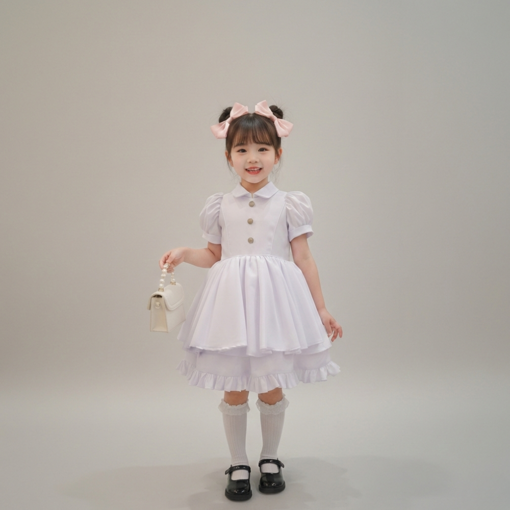 فستان أطفال قماش  تفته مع دانتيل أبيض سادة