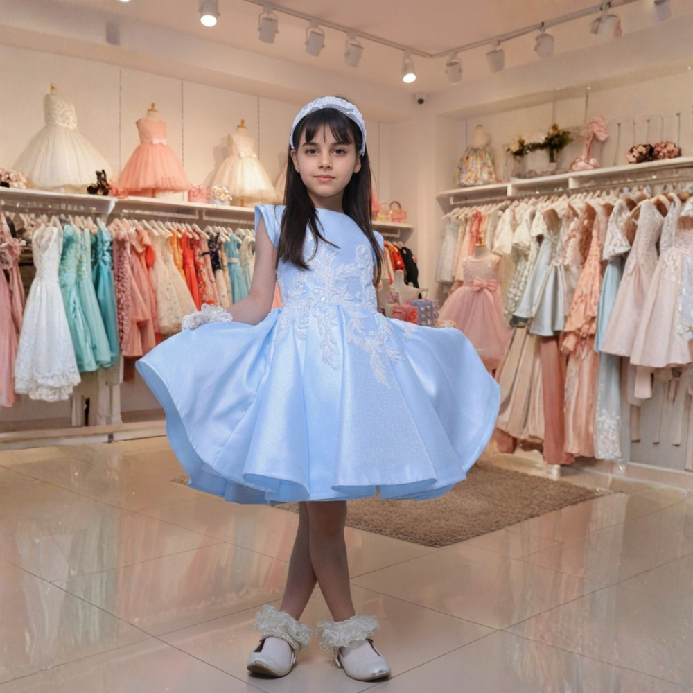 فستان أطفال أزرق تفته مع دانتيل مطرز