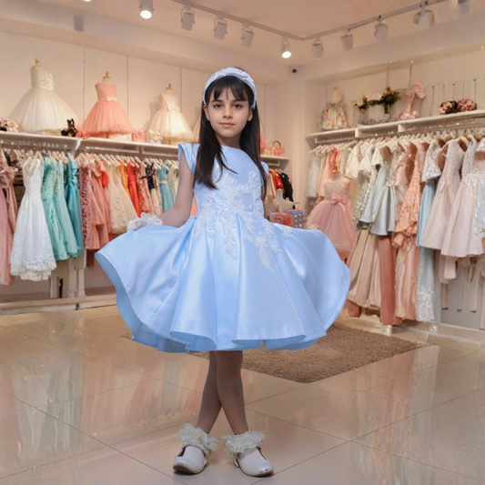 فستان أطفال أزرق تفته مع دانتيل مطرز