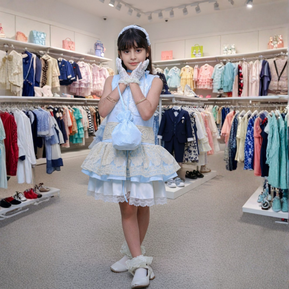 فستان أطفال أزرق تفته مع دانتيل بقية كميات قليله