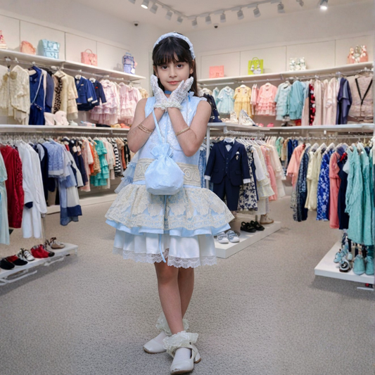 فستان أطفال أزرق تفته مع دانتيل بقية كميات قليله