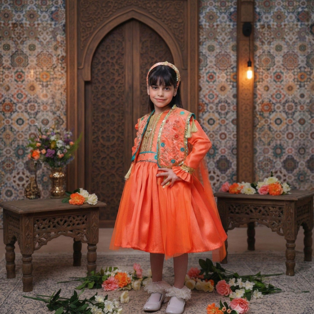 فستان أطفال  برتقالي مطرز قماش تفته لمعه مع تل مع كلف هندية