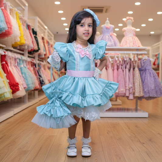 فستان أطفال أزرق تفته مع دانتيل مطرز