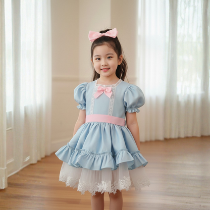 فستان أطفال أزرق تفته مع دانتيل مطرز