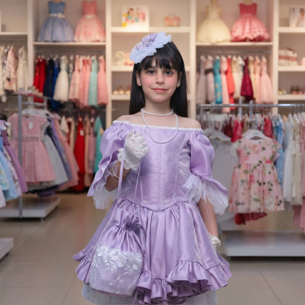 من اروع التصاميم و الأكثر طلبا فستان أطفال بنفسجي تفته مع دانتيل مطرز