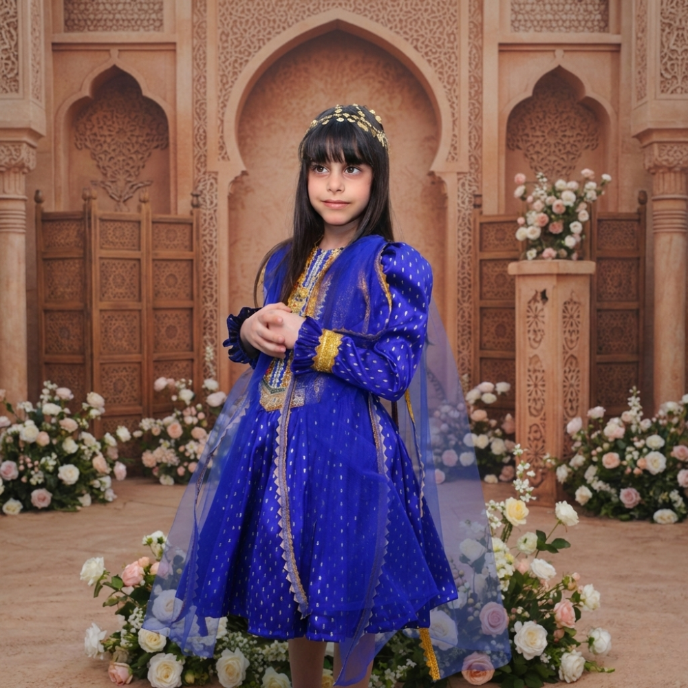 فستان أطفال نيلي قماش تول ممزوج مع تفته روسي