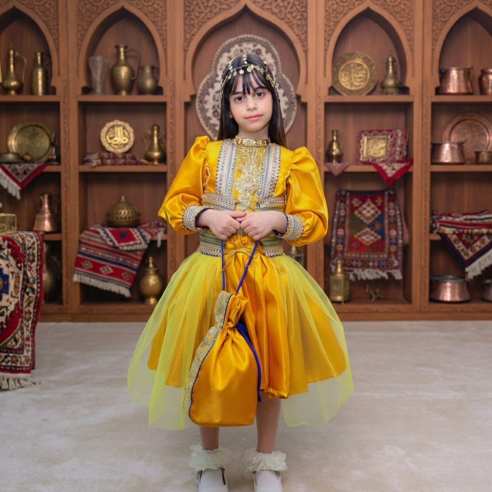 فستان أطفال لمعة لون كموني قماش تفته ممزوج بكلف هندية مطرزة