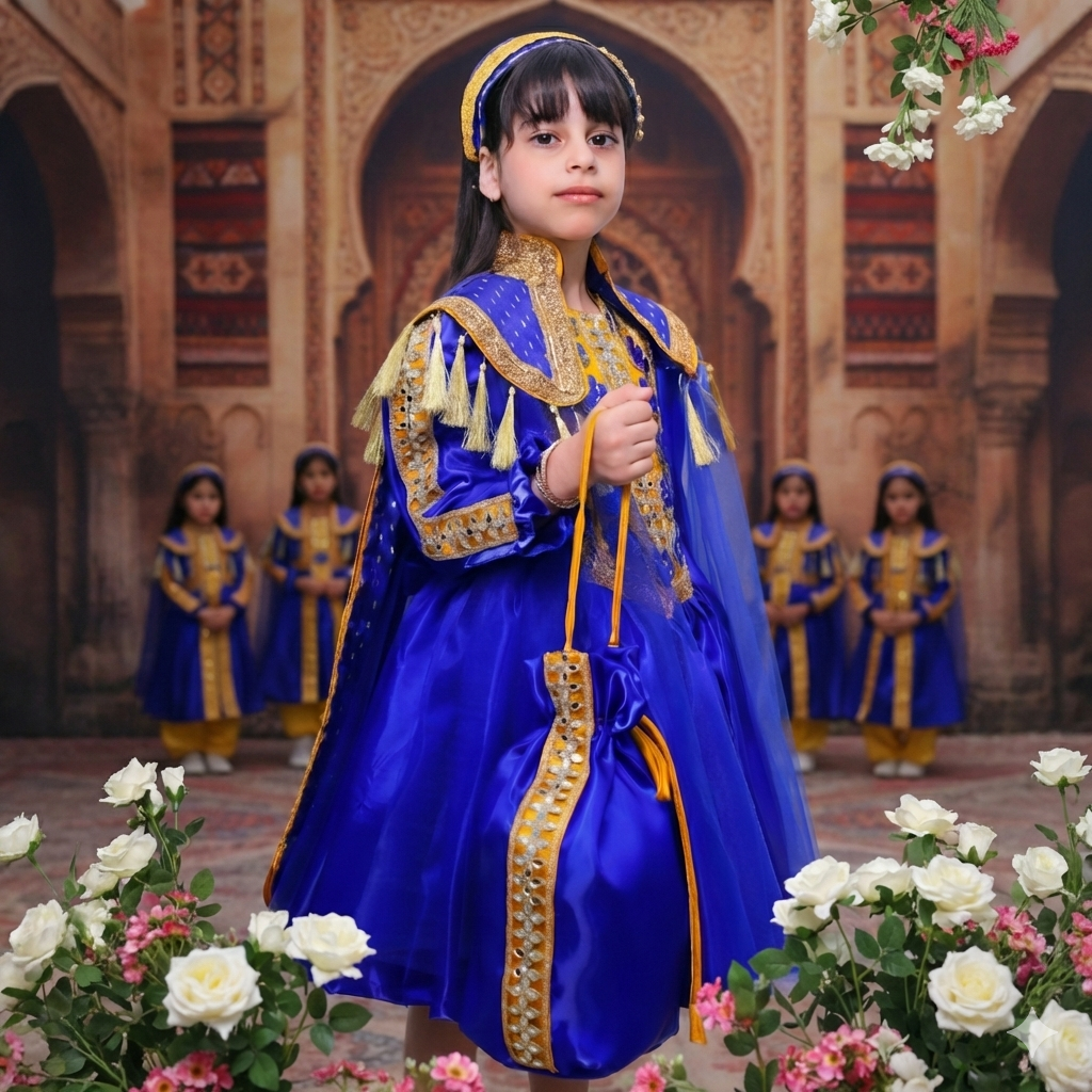 فستان أطفال بلون لمعة نيلي قماش تول ممزوج بتفته روسي وكلف هندي